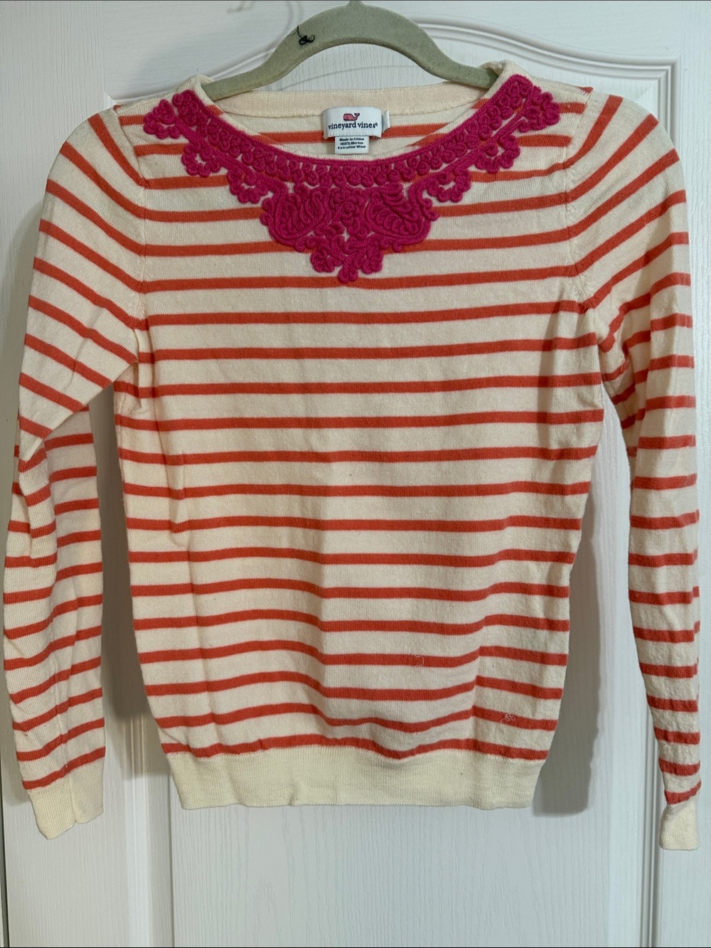 Vineyard Vines Cream and Orange Striped Crewneck with Fuchsia Lace Trim